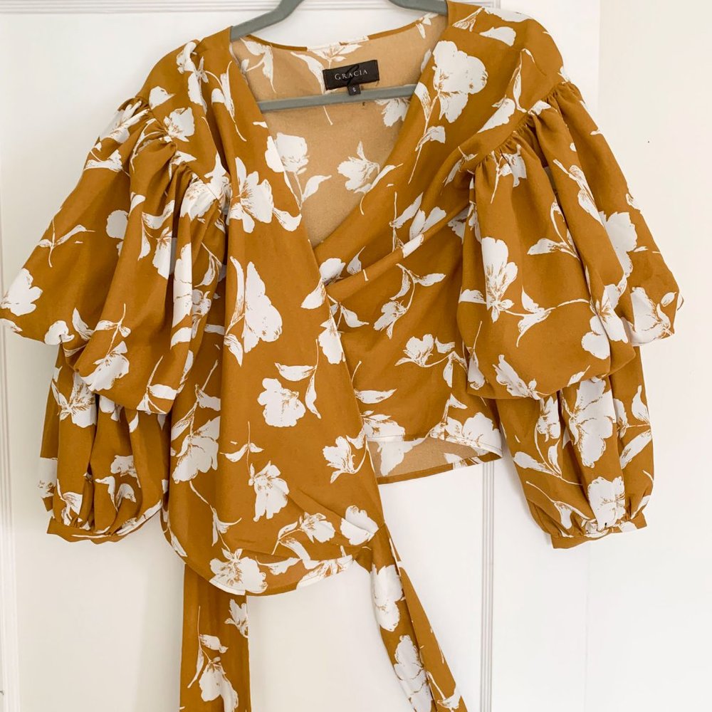 Sculptural Floral Tiered Sleeve Wrap Blouse in Mustard Yellow Ochre
